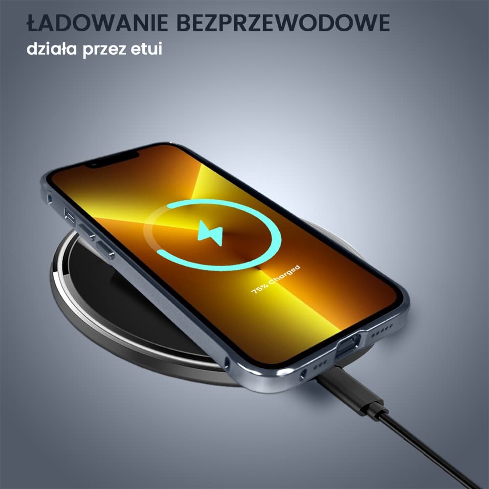 Etui do iPhone 13 Pro, 2w1 z metalową ramką i wycięciem na logo, granatowe