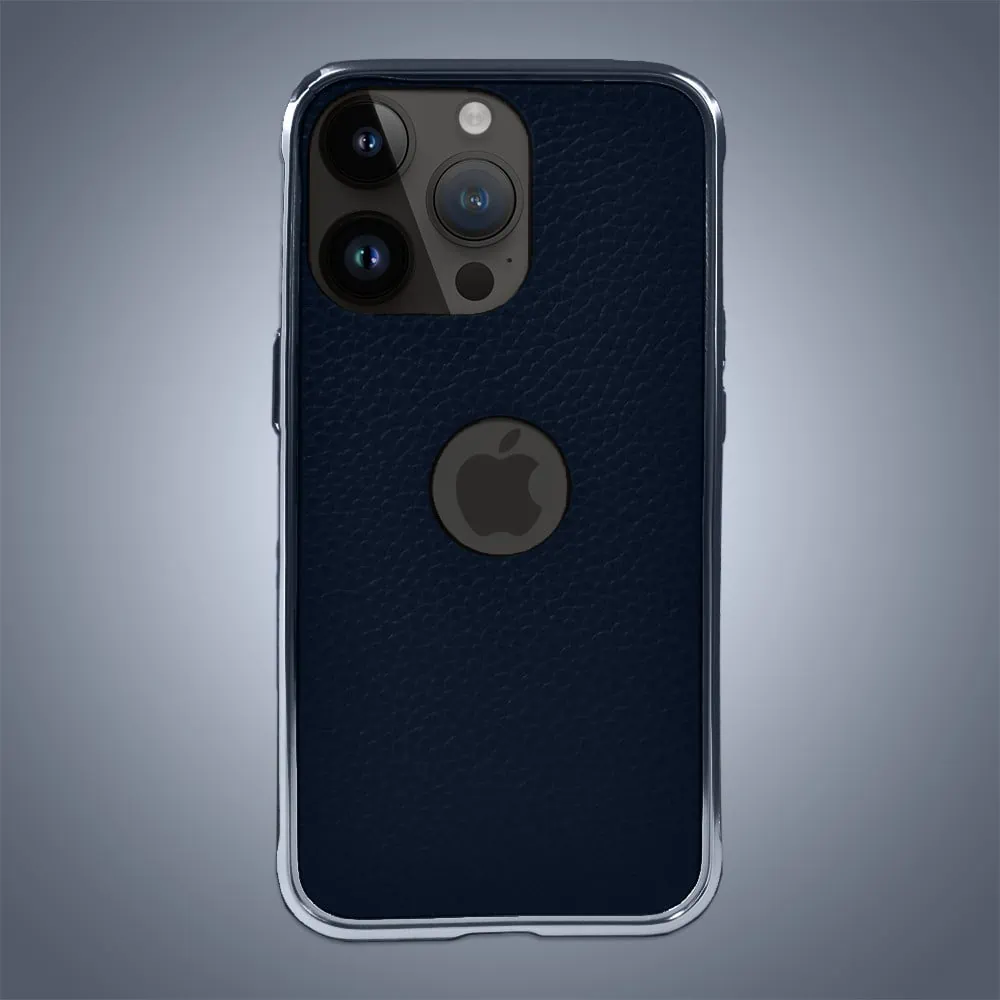Etui do iPhone 13 Pro, 2w1 z metalową ramką i wycięciem na logo, granatowe