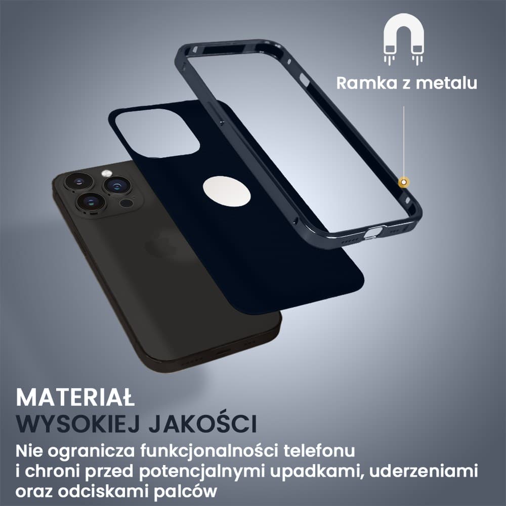Etui do iPhone 13 Pro, 2w1 z metalową ramką i wycięciem na logo, granatowe