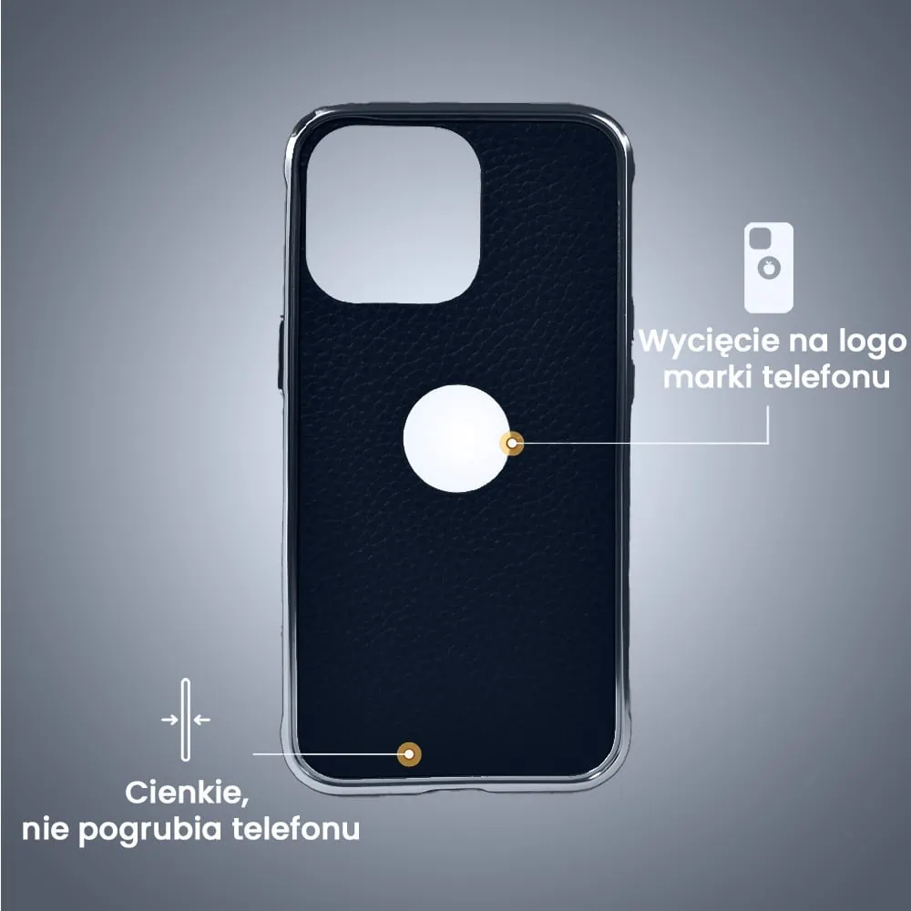 Etui do iPhone 13 Pro, 2w1 z metalową ramką i wycięciem na logo, granatowe