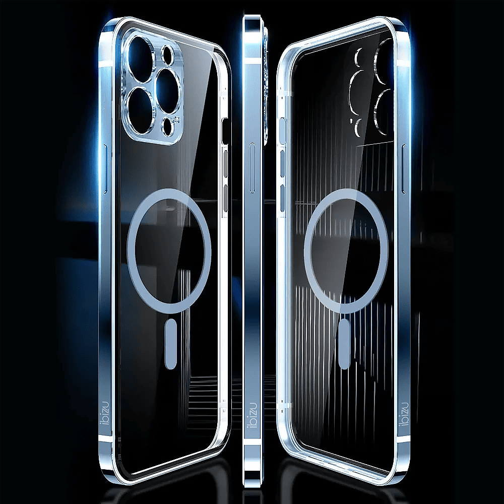 Etui do iPhone 13 Pro Max Ibizu Elite Skin, krystalicznie czyste z metalową ramką, górski błękit z MagSafe (OUTLET)