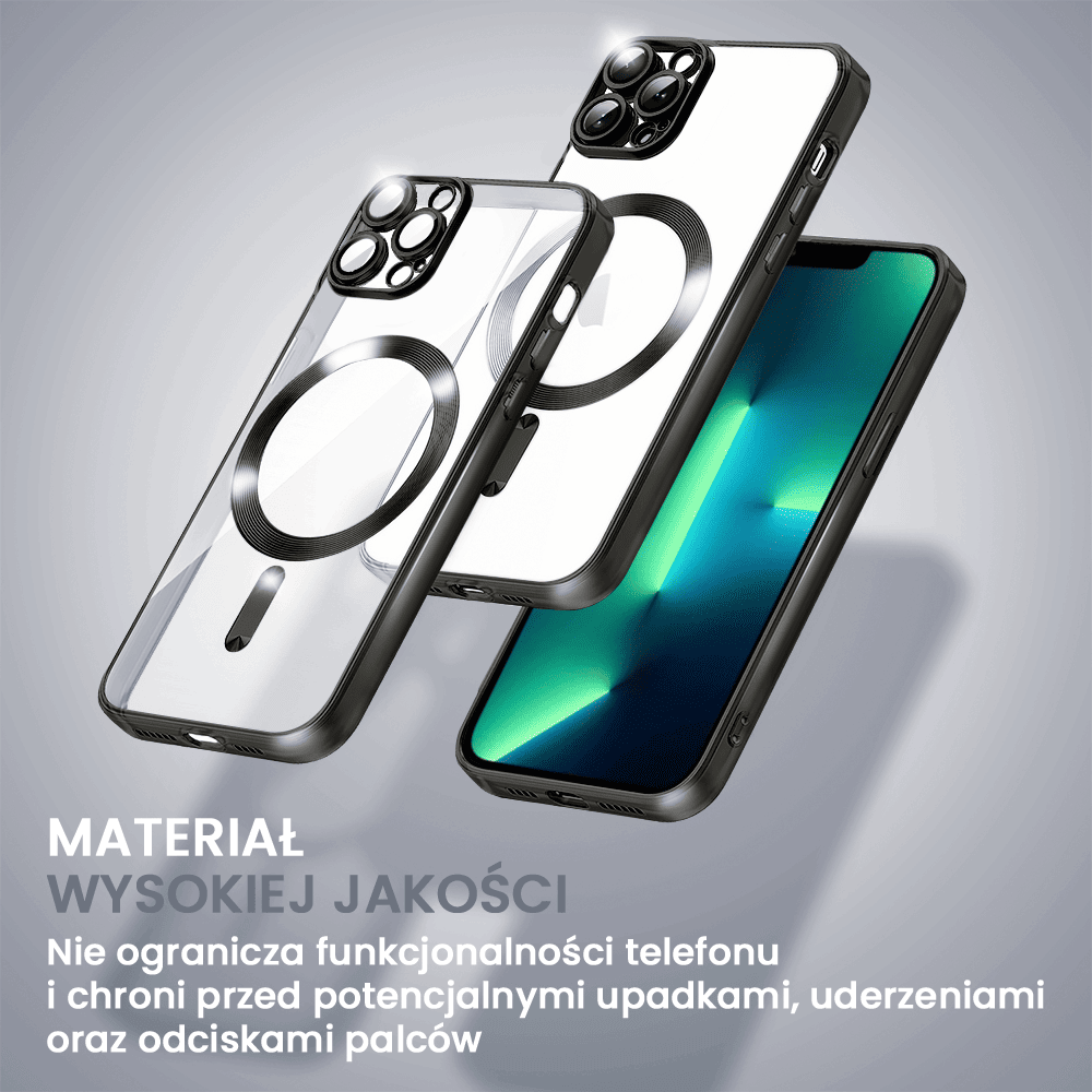 Etui do iPhone 13 Pro Max MagSafe Luxury Protect przeźroczyste, hybrydowa ochrona kamery, czarne (OUTLET)