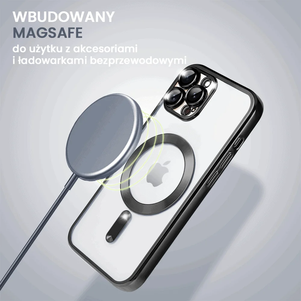 Etui do iPhone 13 Pro Max MagSafe Luxury Protect przeźroczyste, hybrydowa ochrona kamery, czarne (OUTLET)