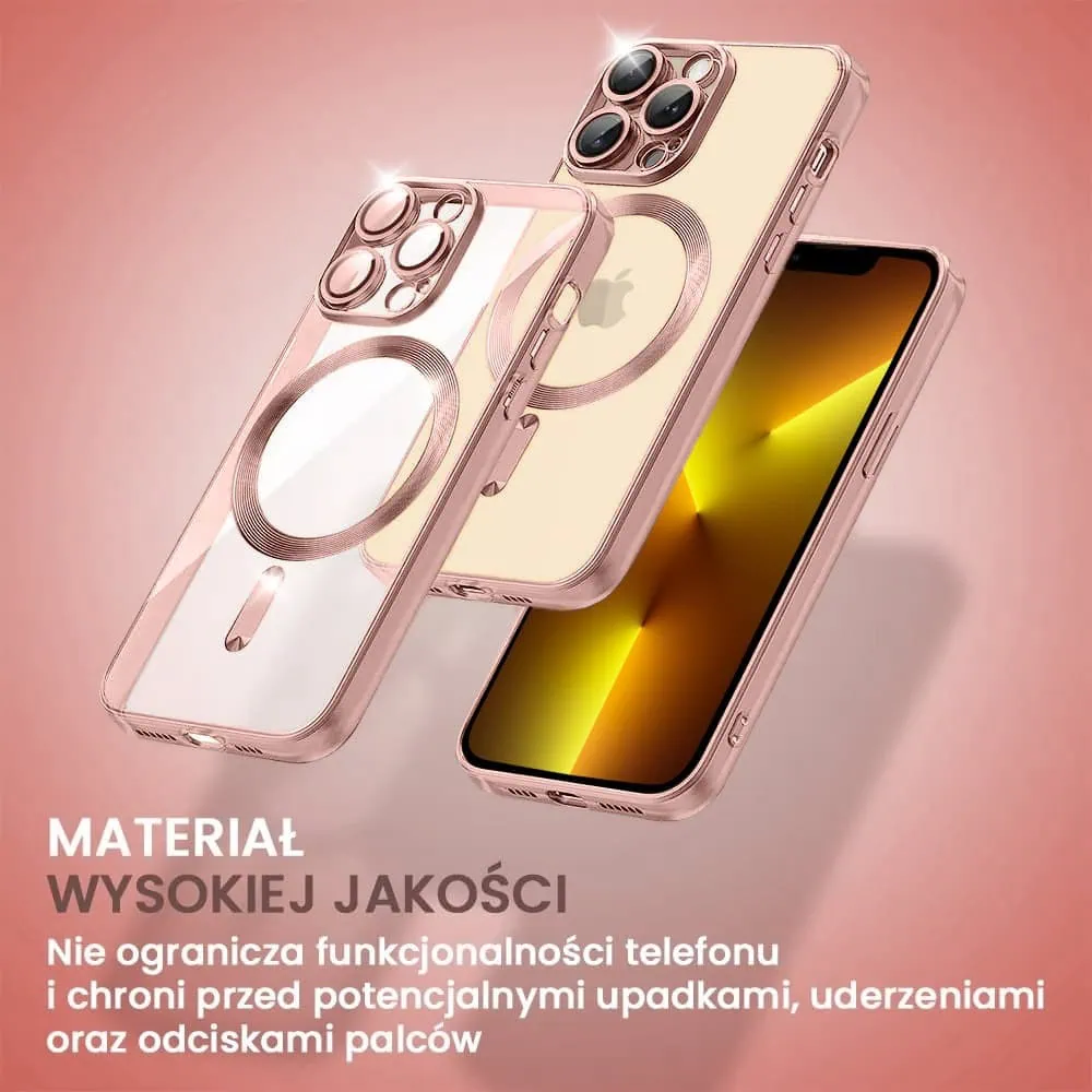 Etui do iPhone 13 Pro Max MagSafe Luxury Protect przeźroczyste, hybrydowa ochrona kamery, różowe złoto