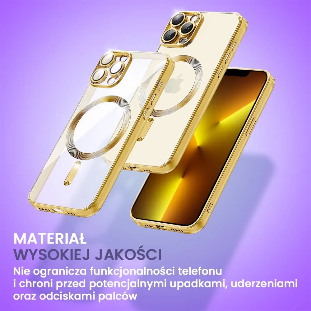 Etui do iPhone 13 Pro Max MagSafe Luxury Protect przeźroczyste, hybrydowa ochrona kamery, złote