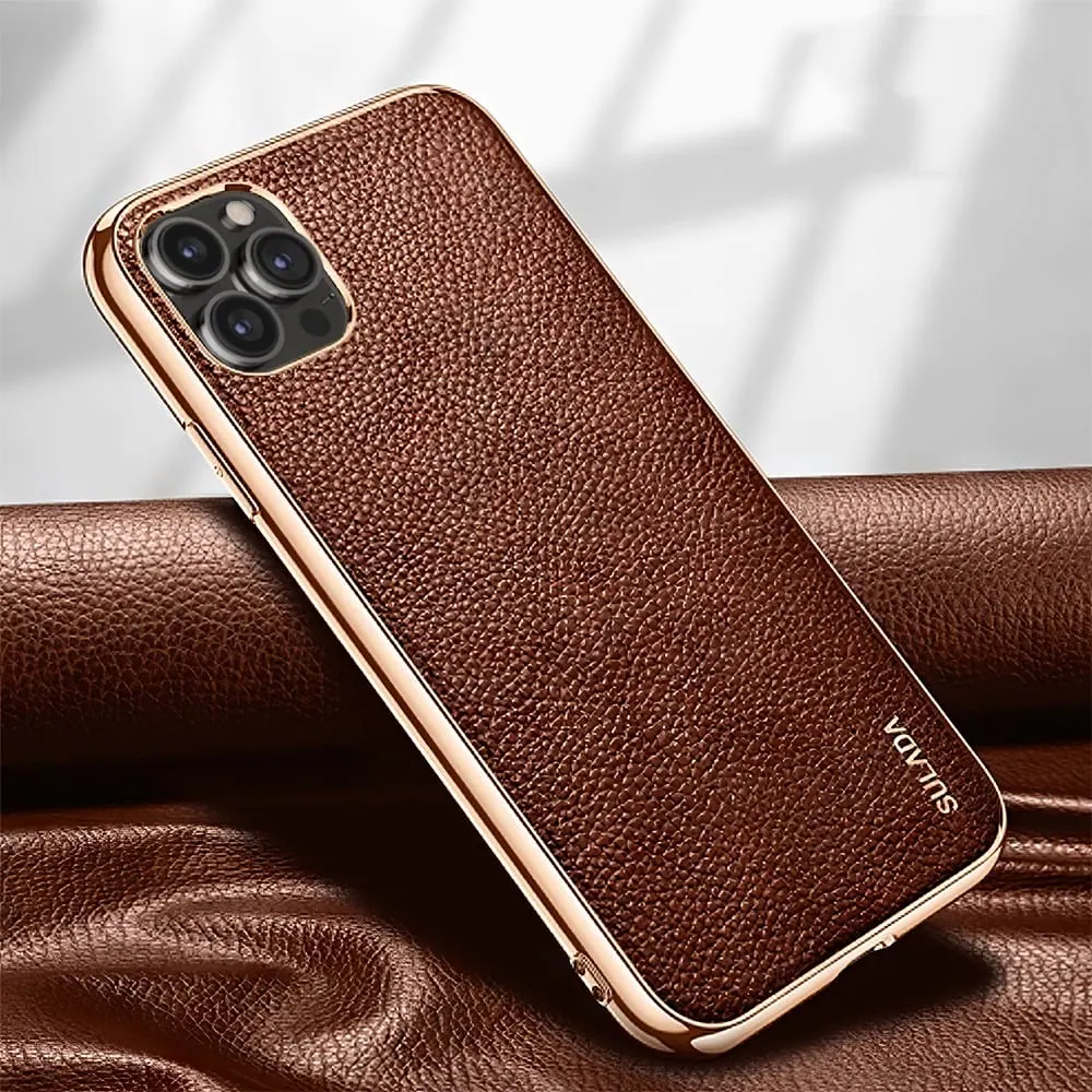 Etui do iPhone 13 Pro Max eleganckie luksusowe skórzane brązowe ze złotem