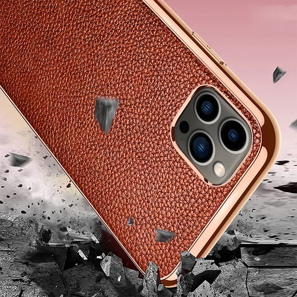 Etui do iPhone 13 Pro Max eleganckie luksusowe skórzane brązowe ze złotem