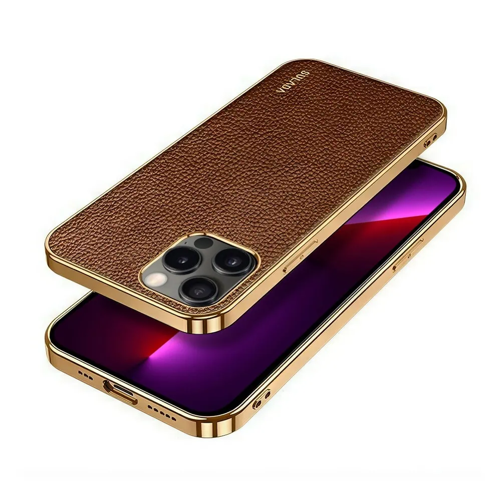 Etui do iPhone 13 Pro Max eleganckie luksusowe skórzane brązowe ze złotem