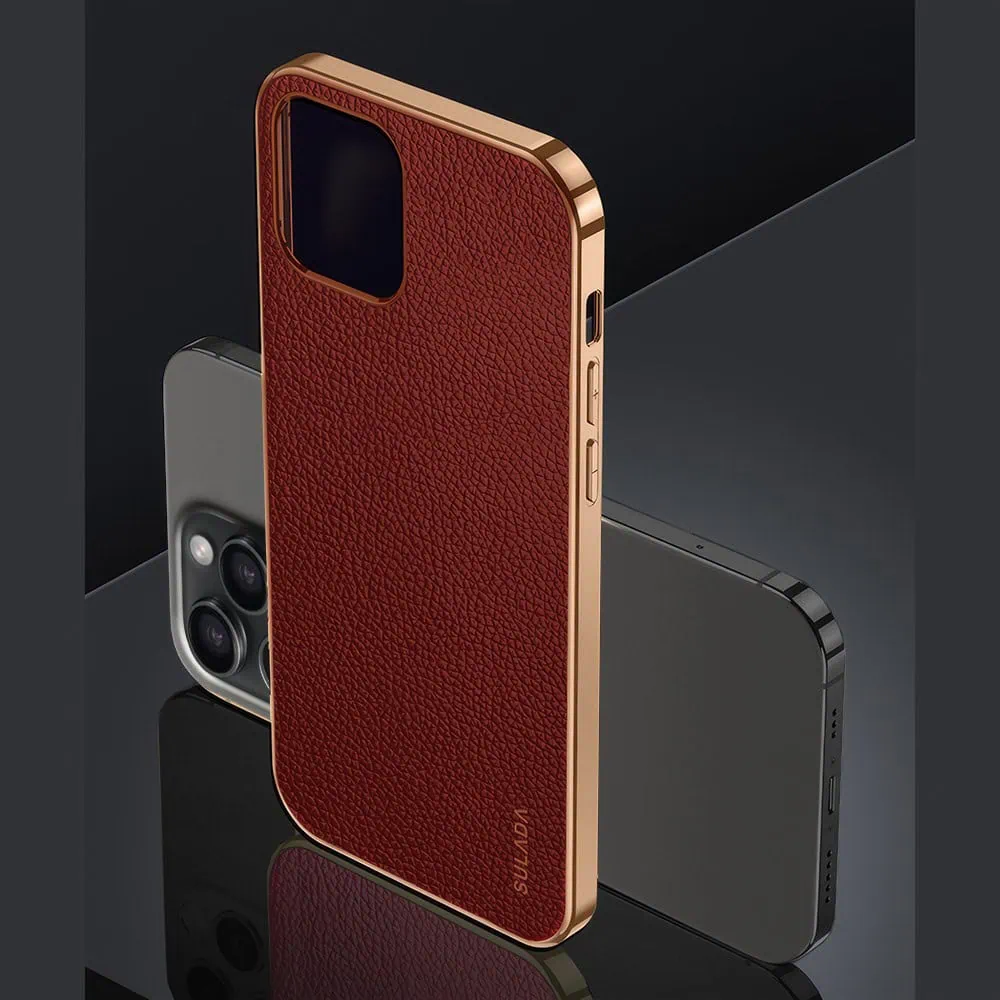 Etui do iPhone 13 Pro Max eleganckie luksusowe skórzane brązowe ze złotem