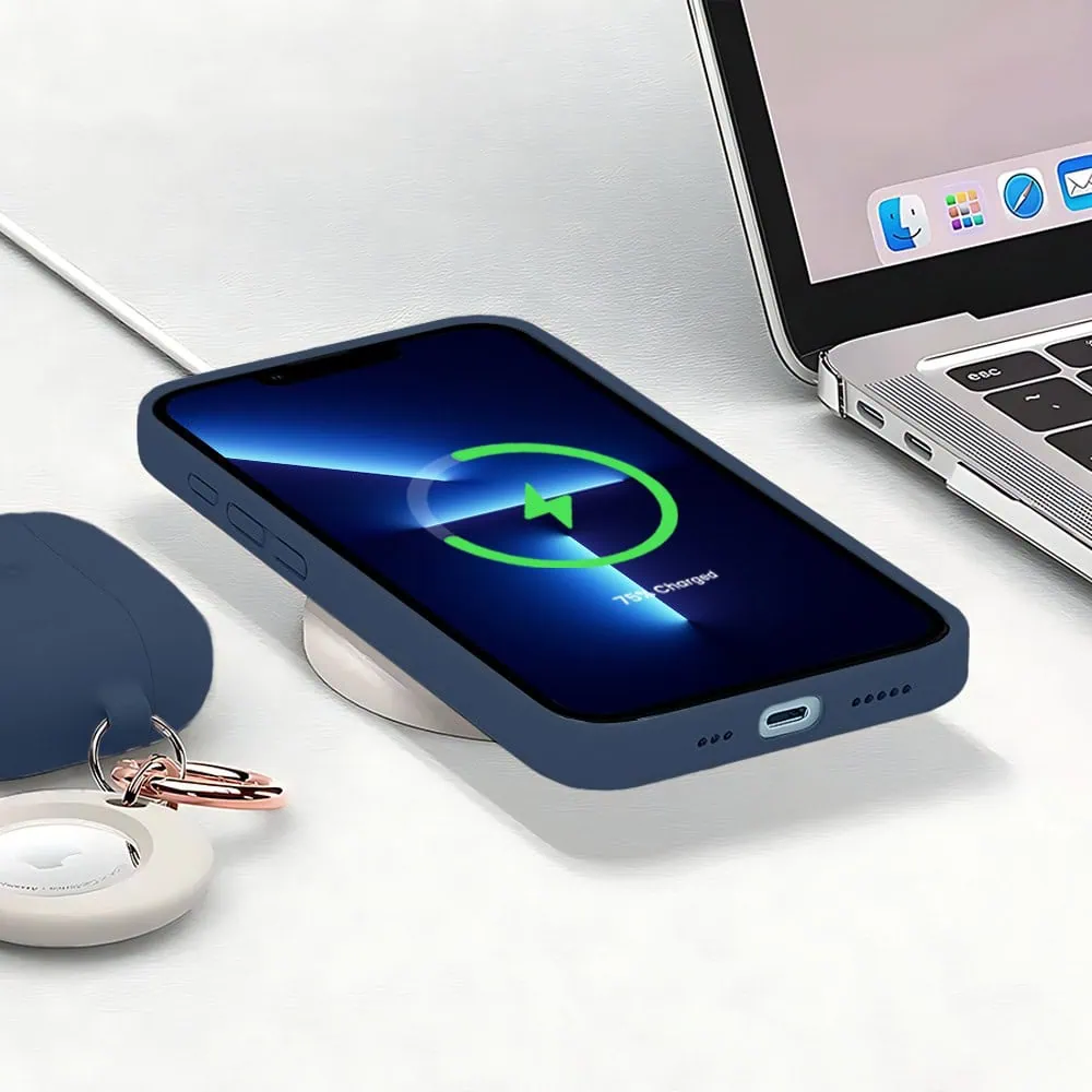 Etui do iPhone 13 Pro silikonowe z mikrofibrą soft touch z osłoną na aparat, granatowe