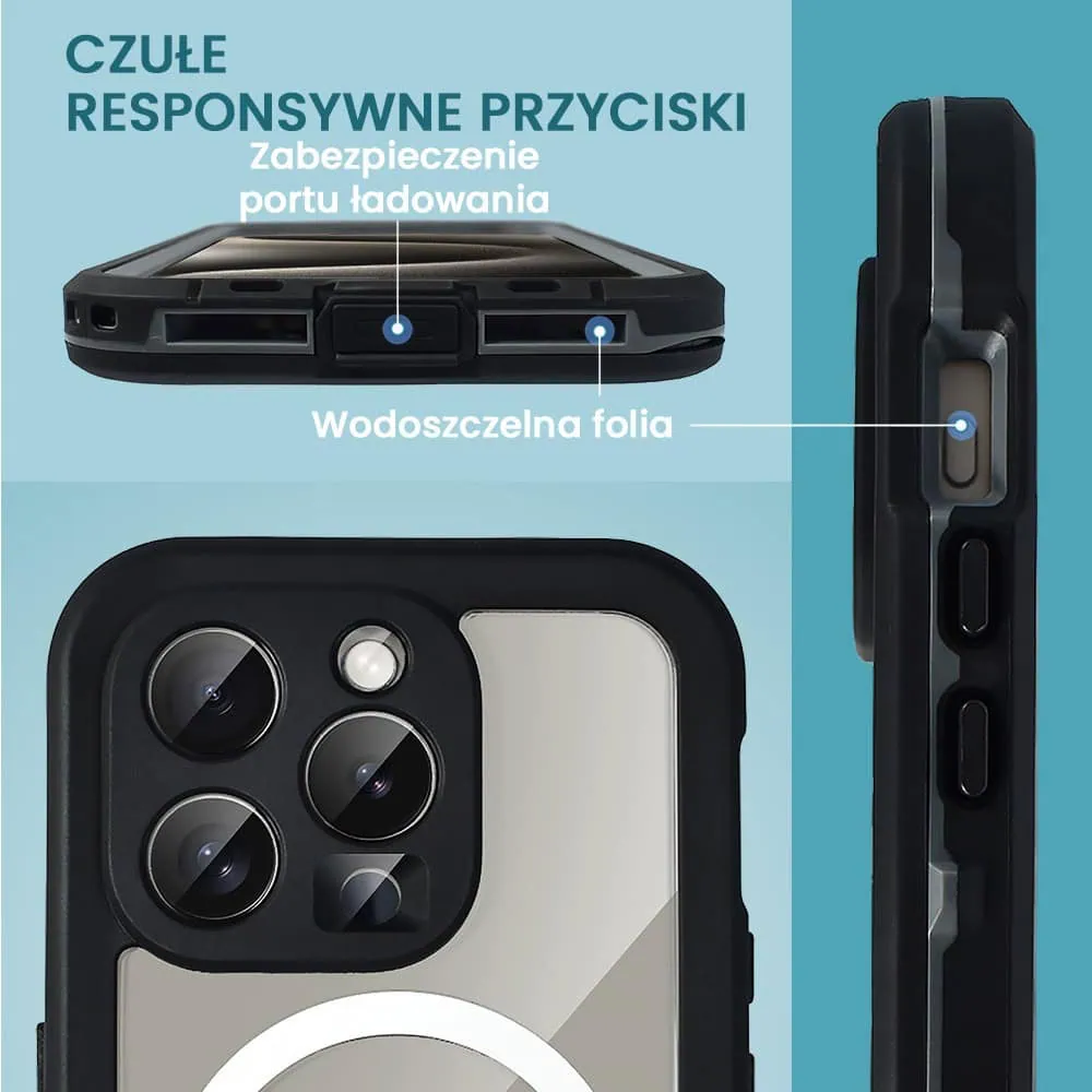 Etui do iPhone 15 Pro wodoodporne z MagSafe, pancerne, przeźroczyste, czarne
