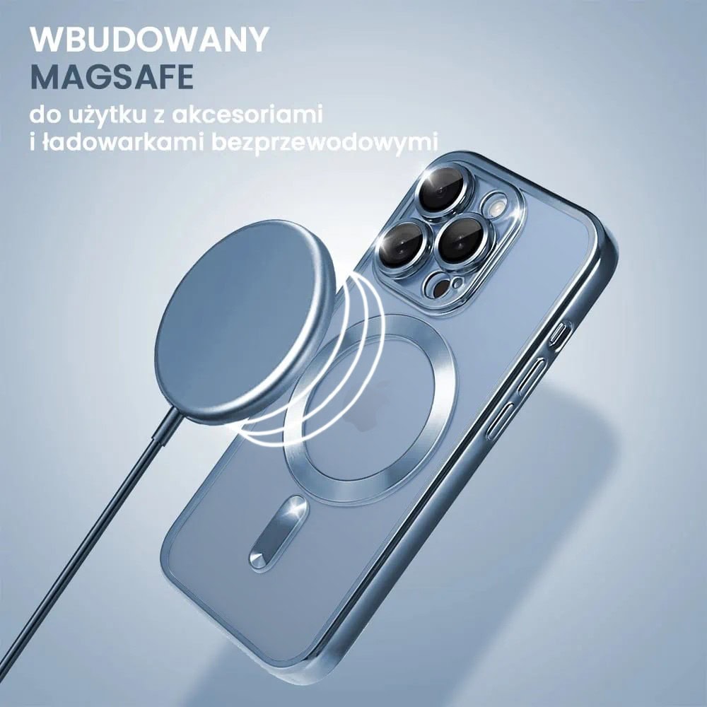 Etui do iPhone 13 Pro MagSafe Luxury Protect przeźroczyste, hybrydowa ochrona kamery, górski błękit