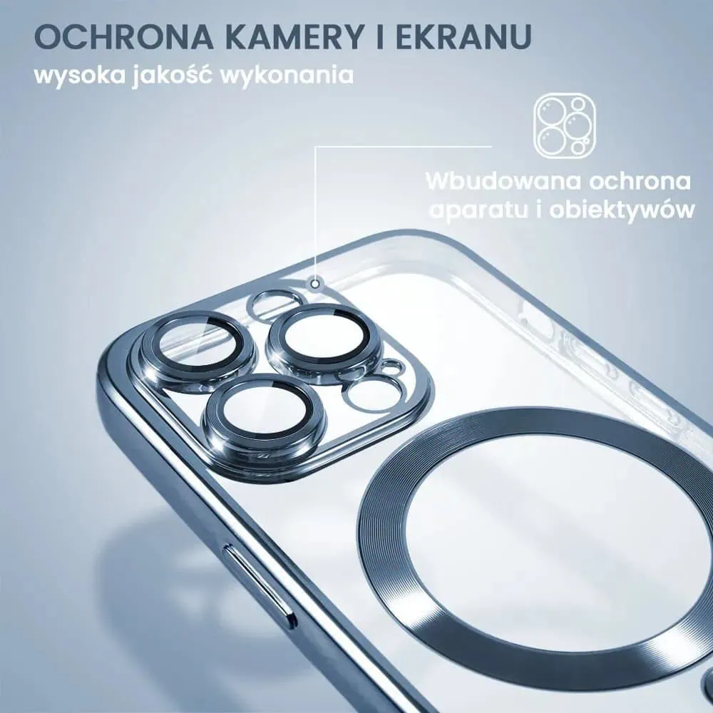 Etui do iPhone 13 Pro MagSafe Luxury Protect przeźroczyste, hybrydowa ochrona kamery, górski błękit