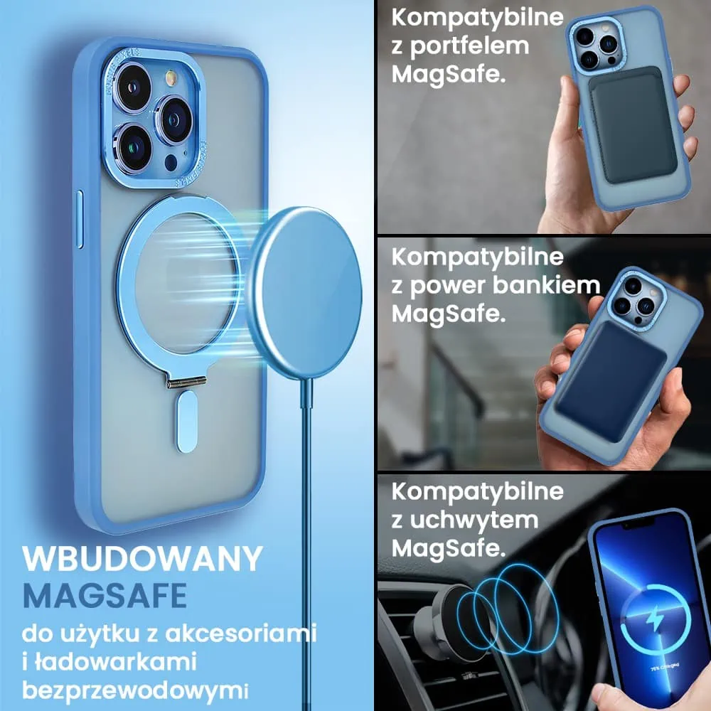 Etui do iPhone 13 Pro Metal Cam MagSafe Stand z podstawką, twarde, półprzeźroczyste, jasno niebieskie