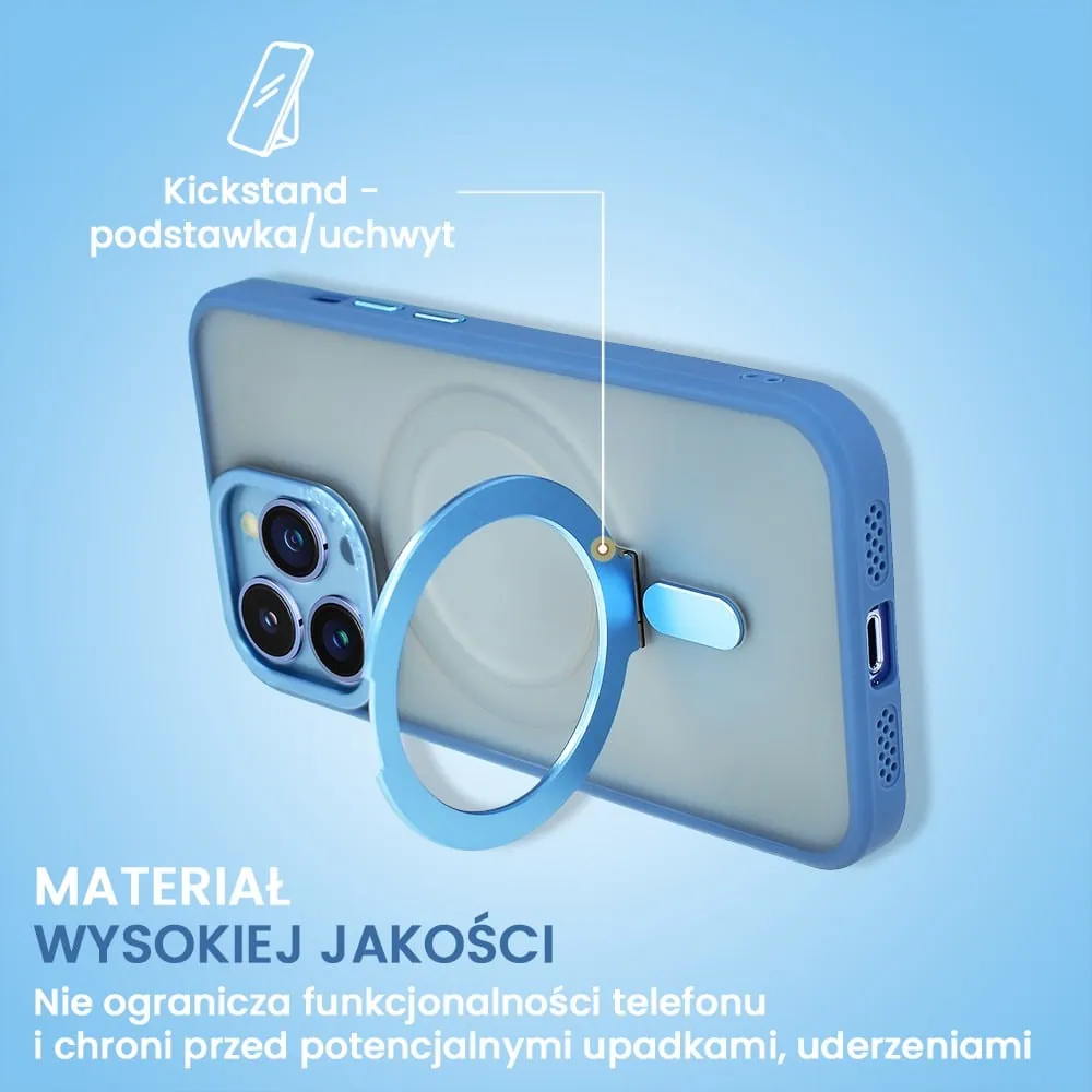 Etui do iPhone 13 Pro Metal Cam MagSafe Stand z podstawką, twarde, półprzeźroczyste, jasno niebieskie