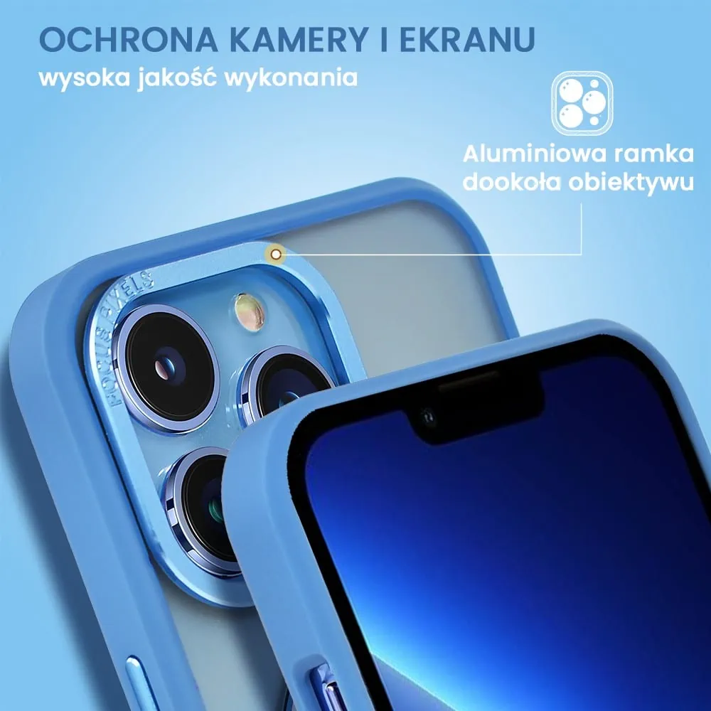 Etui do iPhone 13 Pro Metal Cam MagSafe Stand z podstawką, twarde, półprzeźroczyste, jasno niebieskie