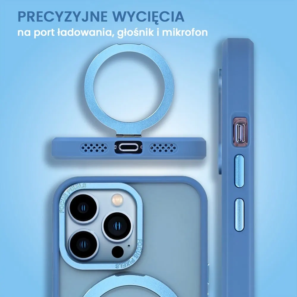 Etui do iPhone 13 Pro Metal Cam MagSafe Stand z podstawką, twarde, półprzeźroczyste, jasno niebieskie