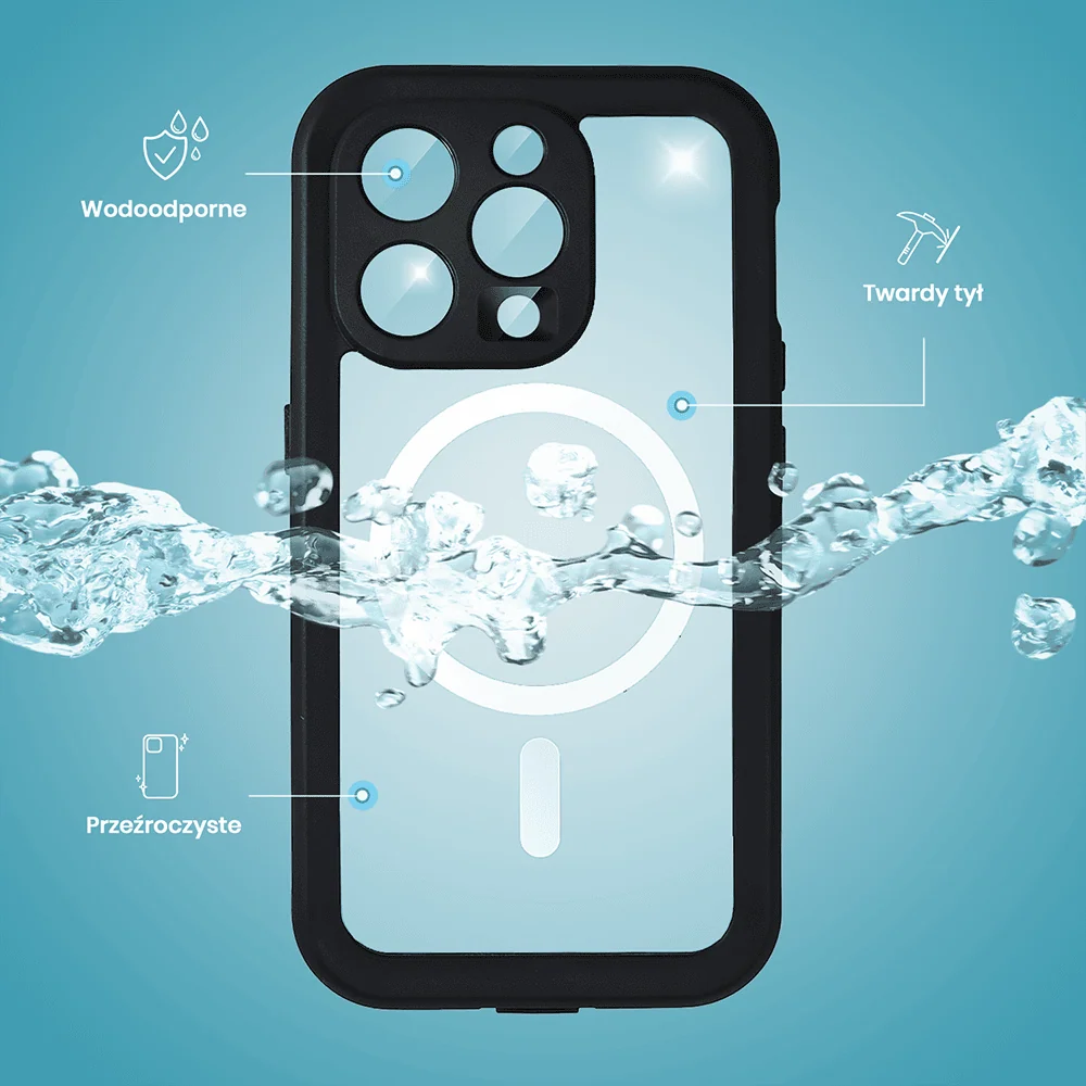 Etui do iPhone 13 Pro Max wodoodporne z MagSafe, pancerne, przeźroczyste, czarne