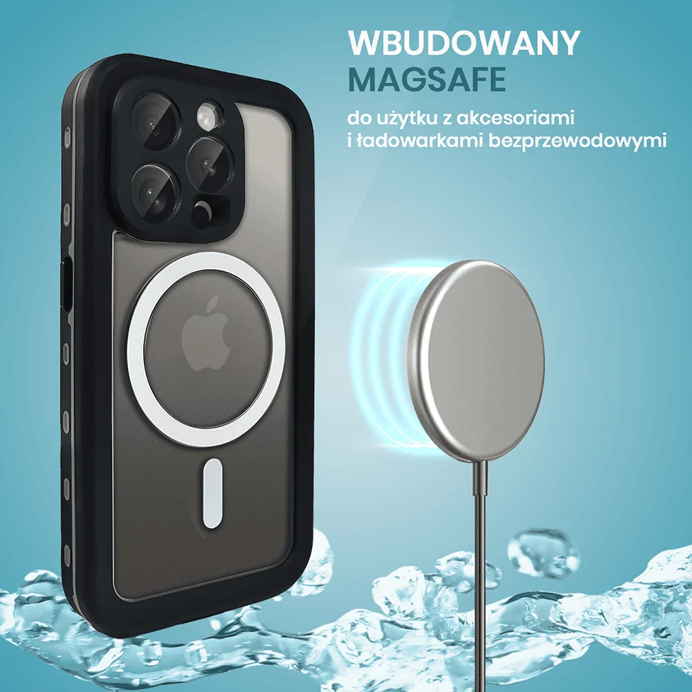 Etui do iPhone 13 Pro Max wodoodporne z MagSafe, pancerne, przeźroczyste, czarne