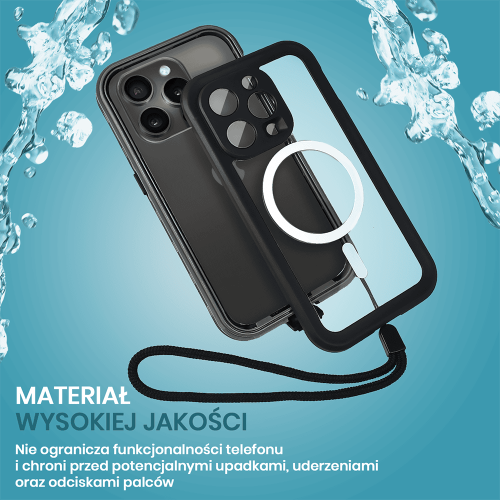 Etui do iPhone 13 Pro Max wodoodporne z MagSafe, pancerne, przeźroczyste, czarne