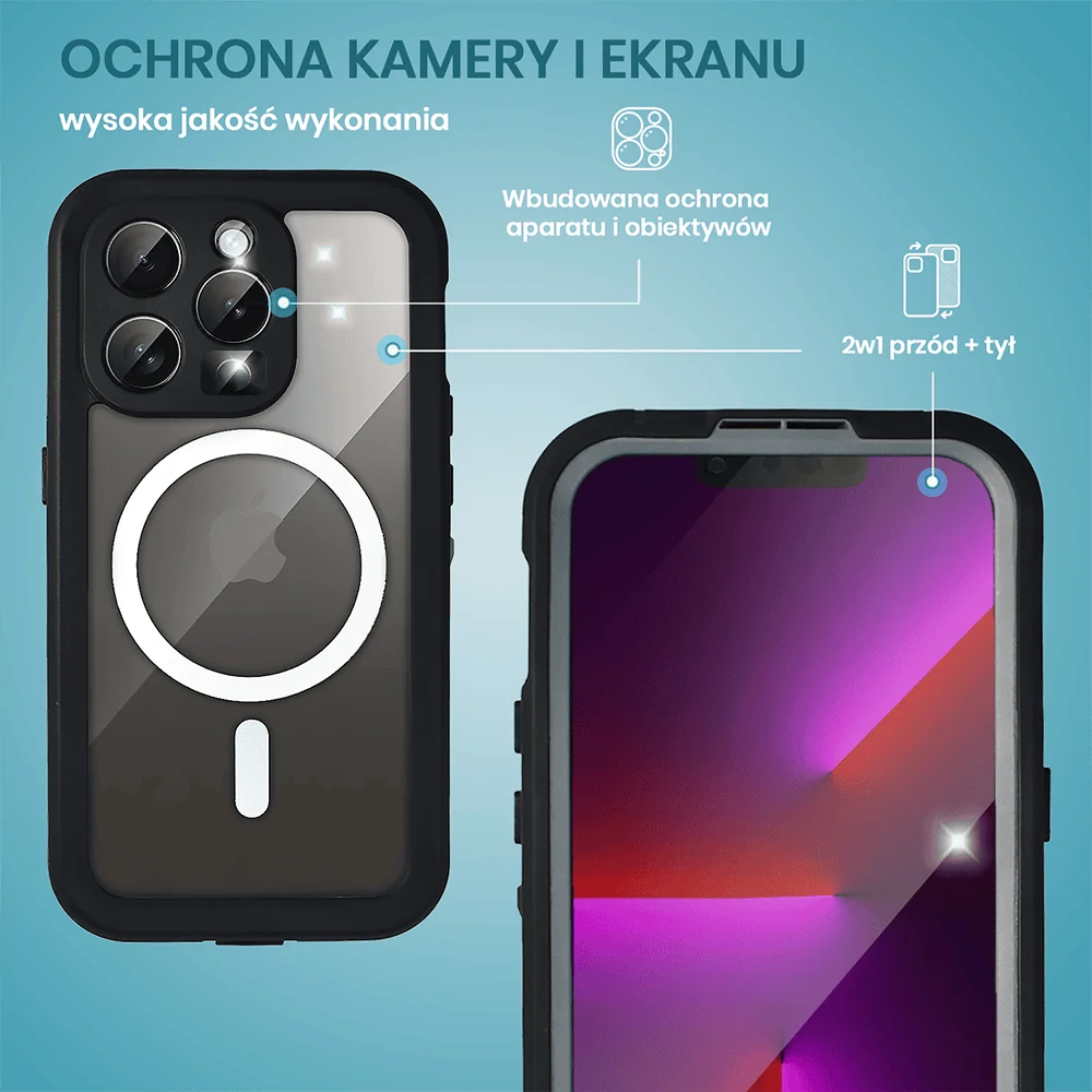 Etui do iPhone 13 Pro Max wodoodporne z MagSafe, pancerne, przeźroczyste, czarne