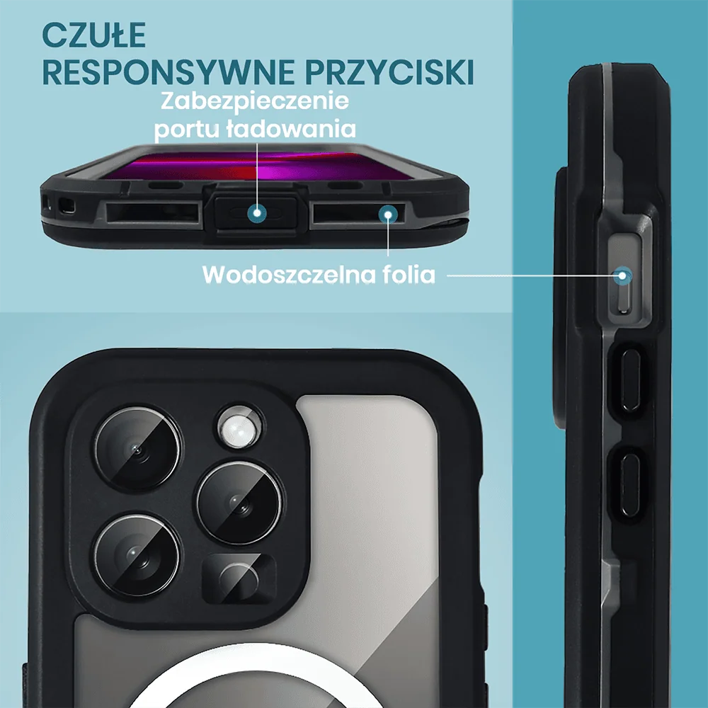Etui do iPhone 13 Pro Max wodoodporne z MagSafe, pancerne, przeźroczyste, czarne