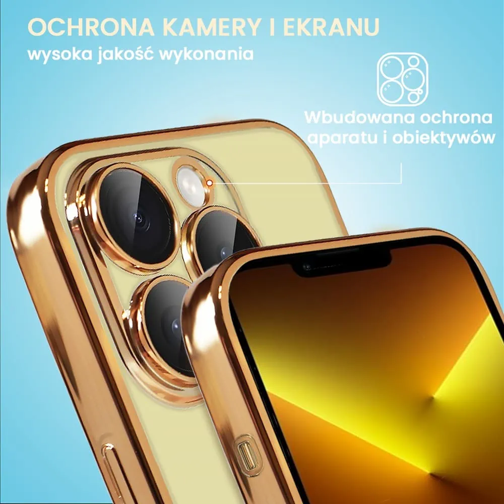 Etui do iPhone 13 Pro Max Slim Protect Full Cover z osłoną kamery i obiektywów 9H, krystaliczny tył, czerwone złoto