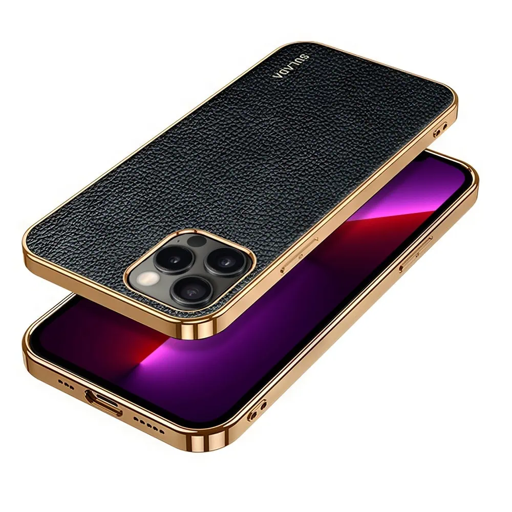 Etui do iPhone 13 Pro Max eleganckie luksusowe skórzane czarne ze złotem
