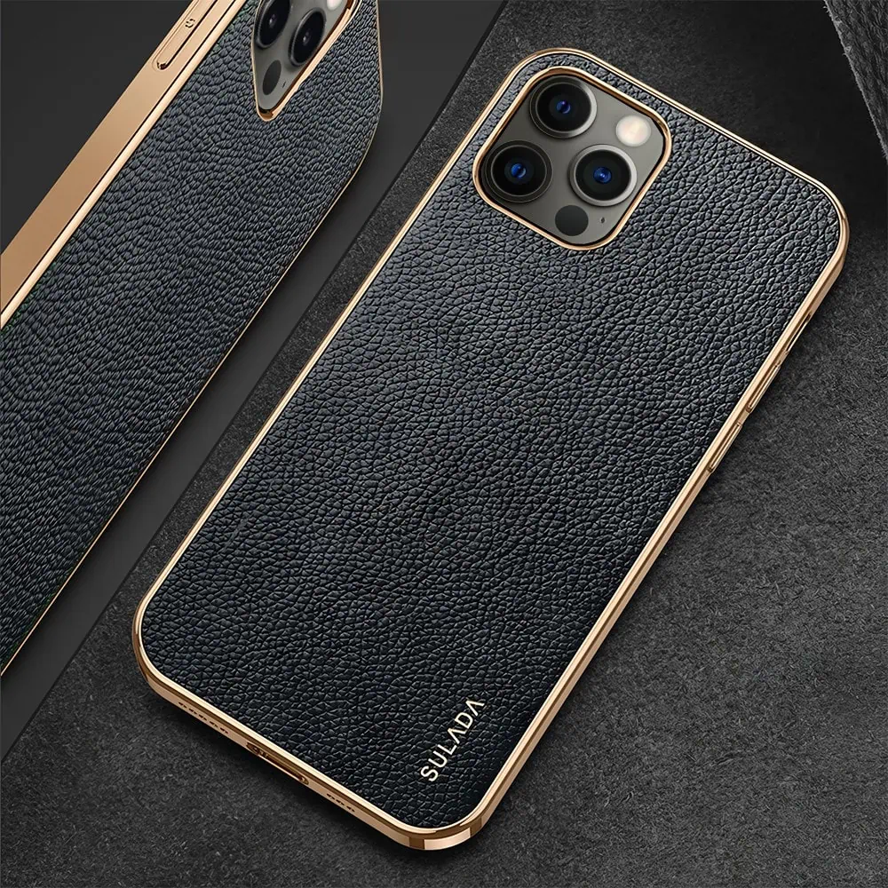 Etui do iPhone 13 Pro Max eleganckie luksusowe skórzane czarne ze złotem