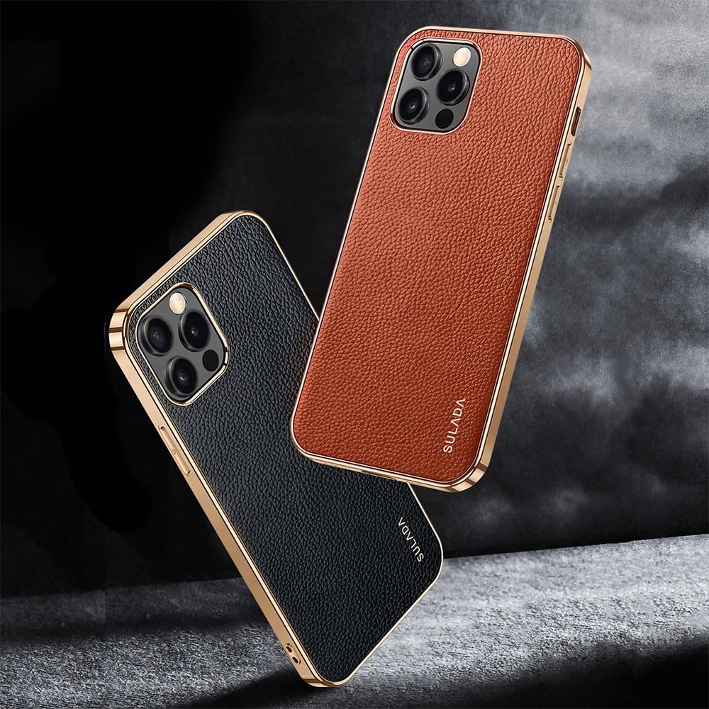 Etui do iPhone 13 Pro Max eleganckie luksusowe skórzane czarne ze złotem