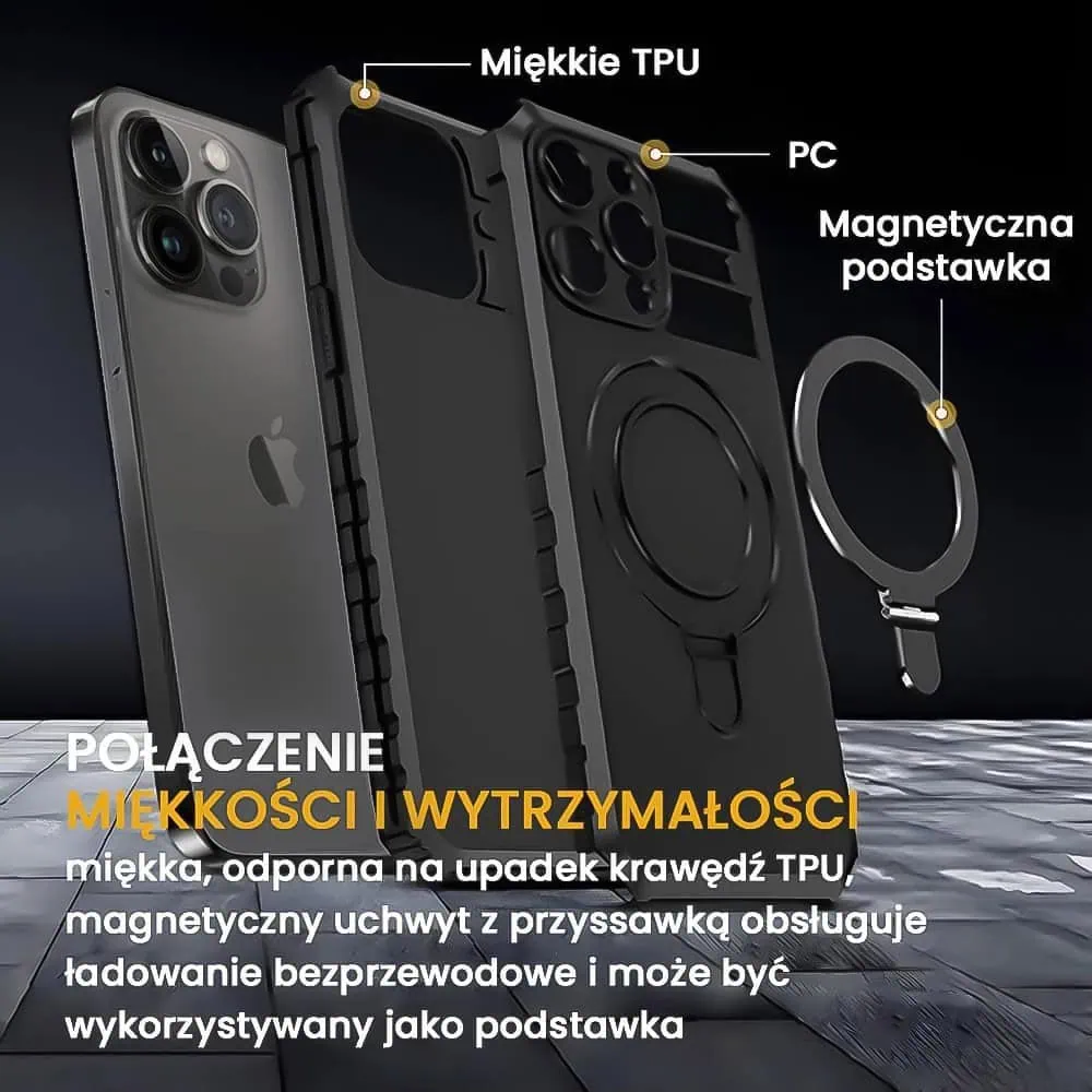 Etui do iPhone 13 Pro Max, pancerne, z osłoną aparatu i metalową podstawką MagSafe, czarne