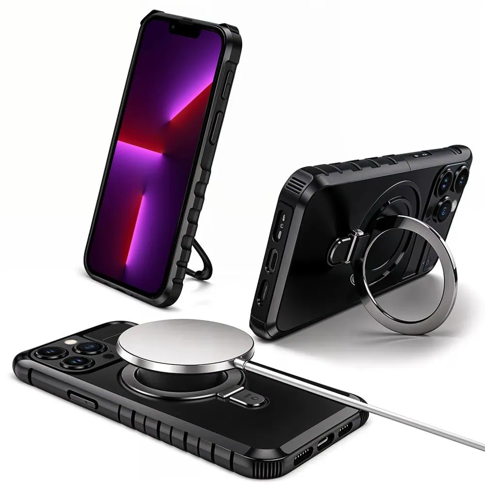 Etui do iPhone 13 Pro Max, pancerne, z osłoną aparatu i metalową podstawką MagSafe, czarne