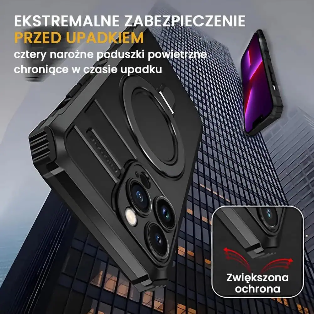 Etui do iPhone 13 Pro Max, pancerne, z osłoną aparatu i metalową podstawką MagSafe, czarne