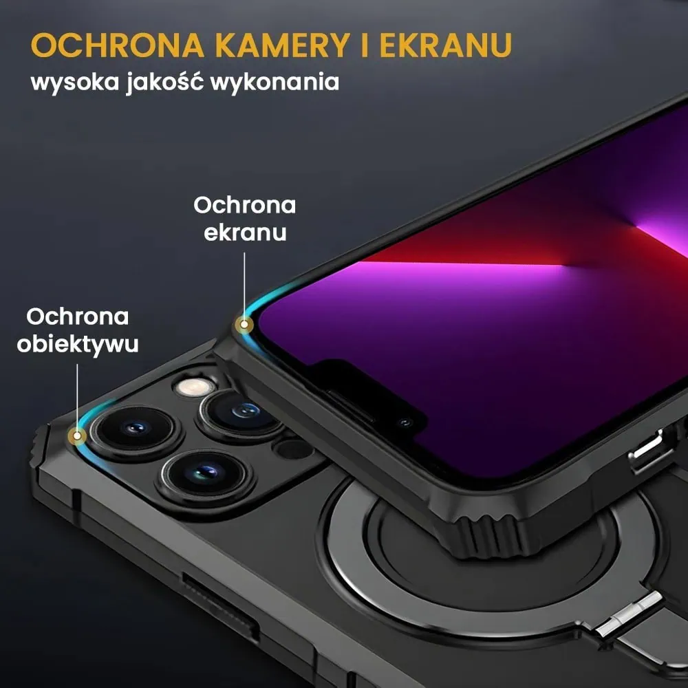 Etui do iPhone 13 Pro Max, pancerne, z osłoną aparatu i metalową podstawką MagSafe, czarne