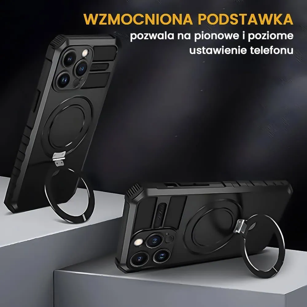 Etui do iPhone 13 Pro Max, pancerne, z osłoną aparatu i metalową podstawką MagSafe, czarne
