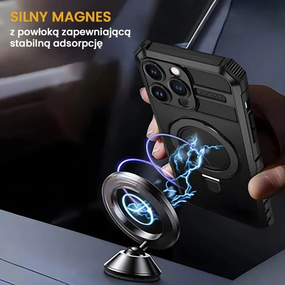 Etui do iPhone 13 Pro Max, pancerne, z osłoną aparatu i metalową podstawką MagSafe, czarne