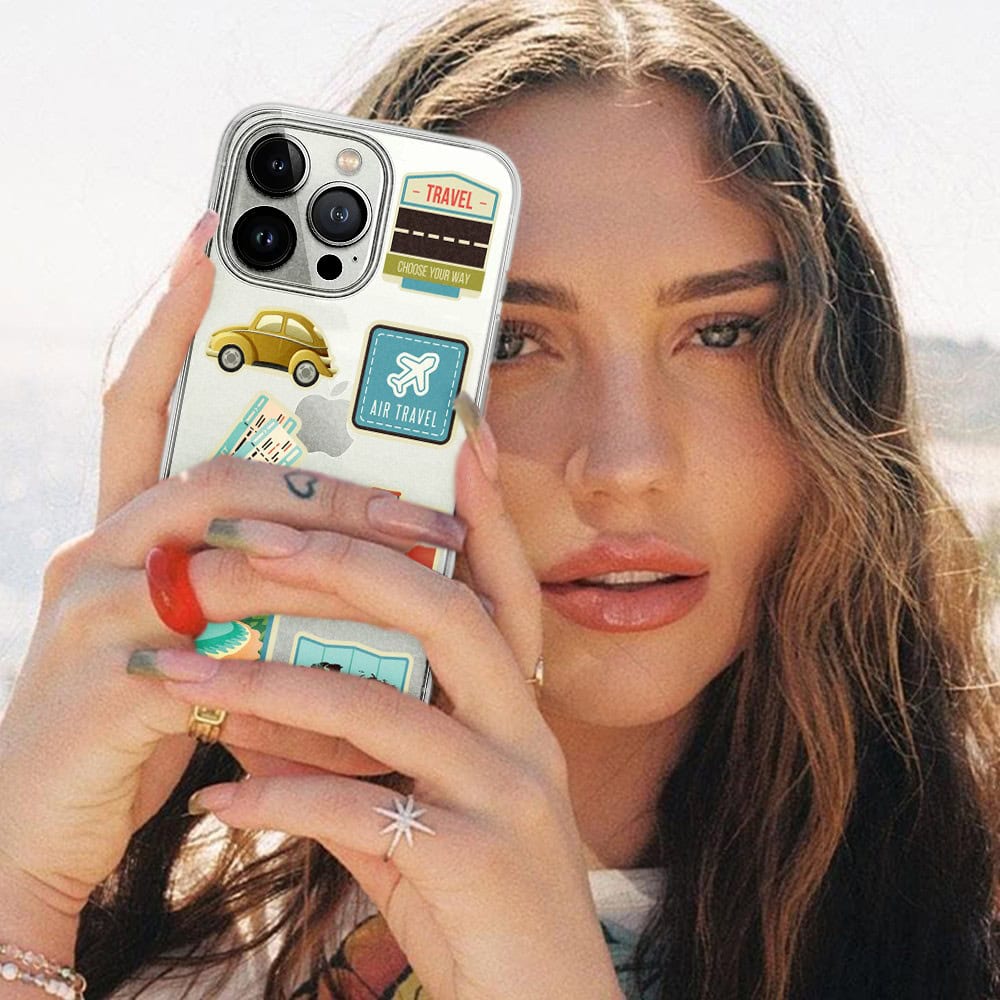Etui do iPhone 13 Pro, przeźroczyste, naklejki z podróży