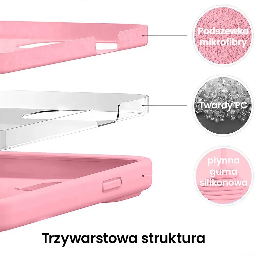 Etui do iPhone 13 Pro Max silikonowe z mikrofibrą soft touch z osłoną na aparat, jasny róż