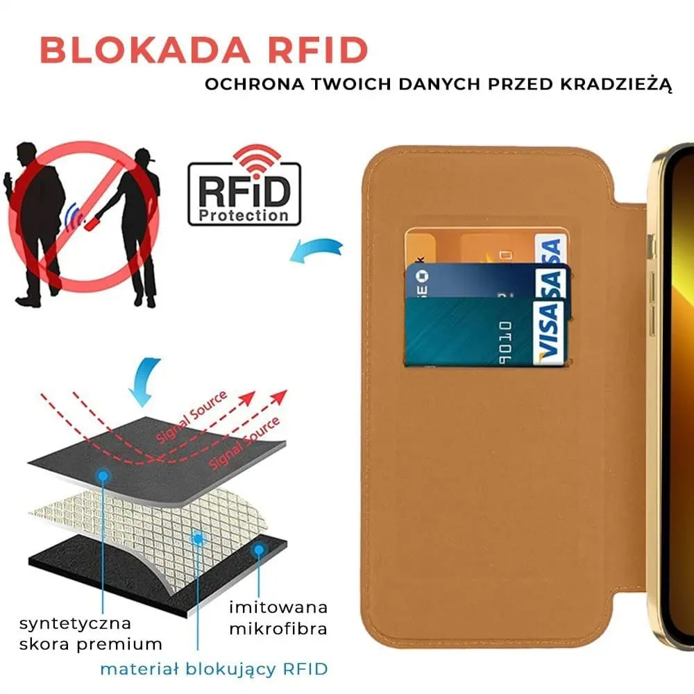 Etui do iPhone 13 Pro Max typu książka Book Magsafe Lens Protect, z klapką, złote (OUTLET)