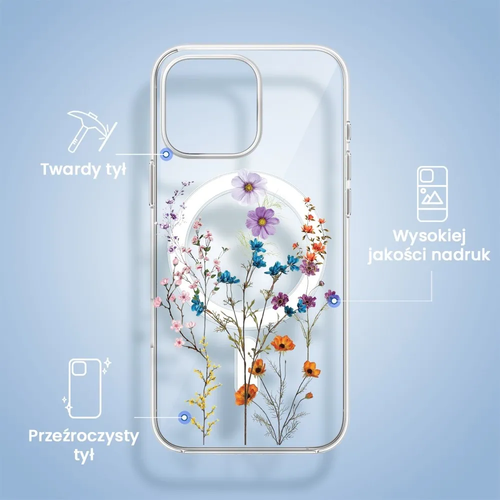 Etui do iPhone 13 Pro z MagSafe, kwiaty różnokolorowe, przeźroczyste