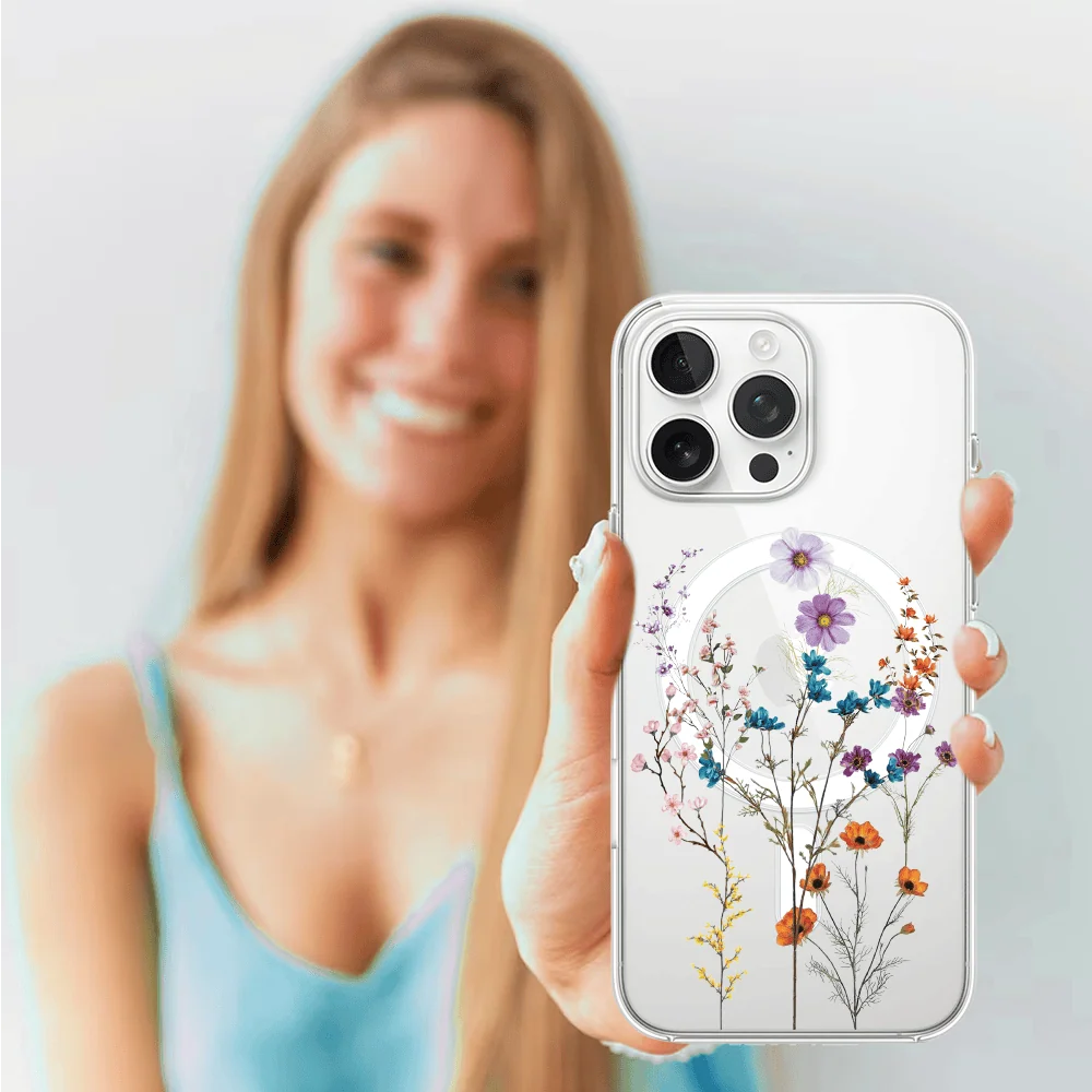 Etui do iPhone 13 Pro z MagSafe, kwiaty różnokolorowe, przeźroczyste