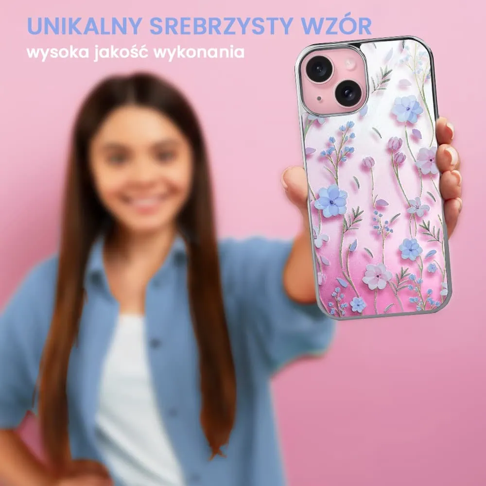 Etui do iPhone 13, Elite Glass 3D, szklany tył, letnie kwiaty o zachodzie słońca, srebrne