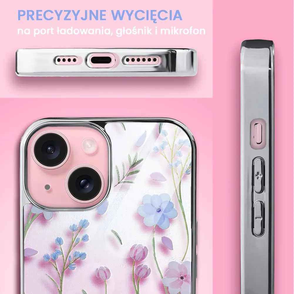 Etui do iPhone 13, Elite Glass 3D, szklany tył, letnie kwiaty o zachodzie słońca, srebrne