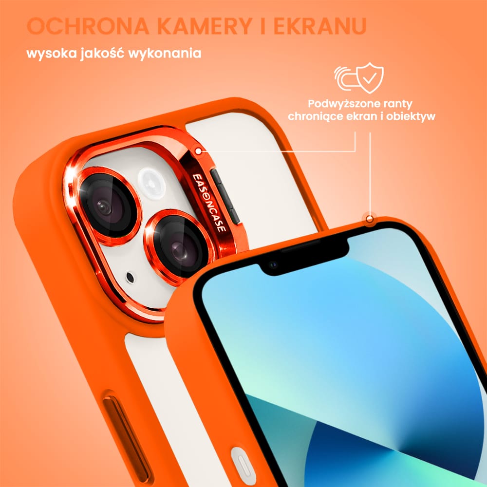 Etui do iPhone 13 cienkie przeźroczyste, 3w1 z podstawką i osłoną aparatu, pomarańczowe