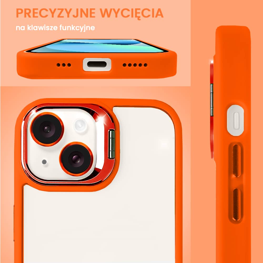 Etui do iPhone 13 cienkie przeźroczyste, 3w1 z podstawką i osłoną aparatu, pomarańczowe