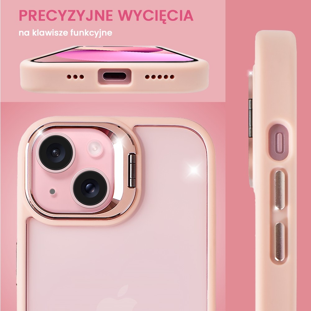 Etui do iPhone 13 cienkie przeźroczyste, 3w1 z podstawką i osłoną aparatu, różowe