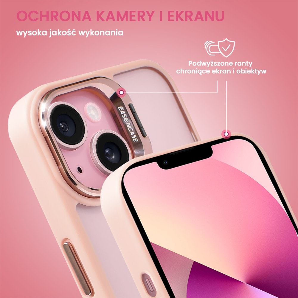 Etui do iPhone 13 cienkie przeźroczyste, 3w1 z podstawką i osłoną aparatu, różowe