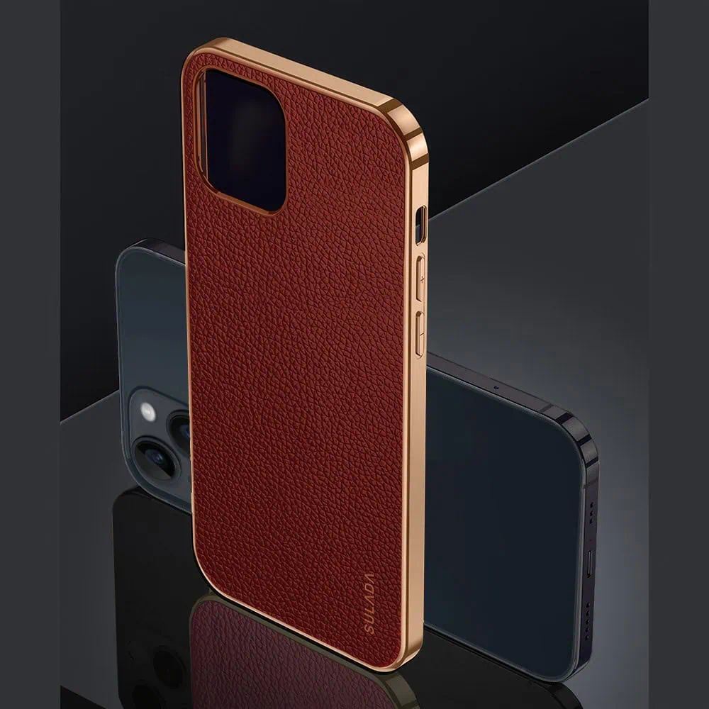 Etui do iPhone 13 eleganckie luksusowe skórzane brązowe ze złotem