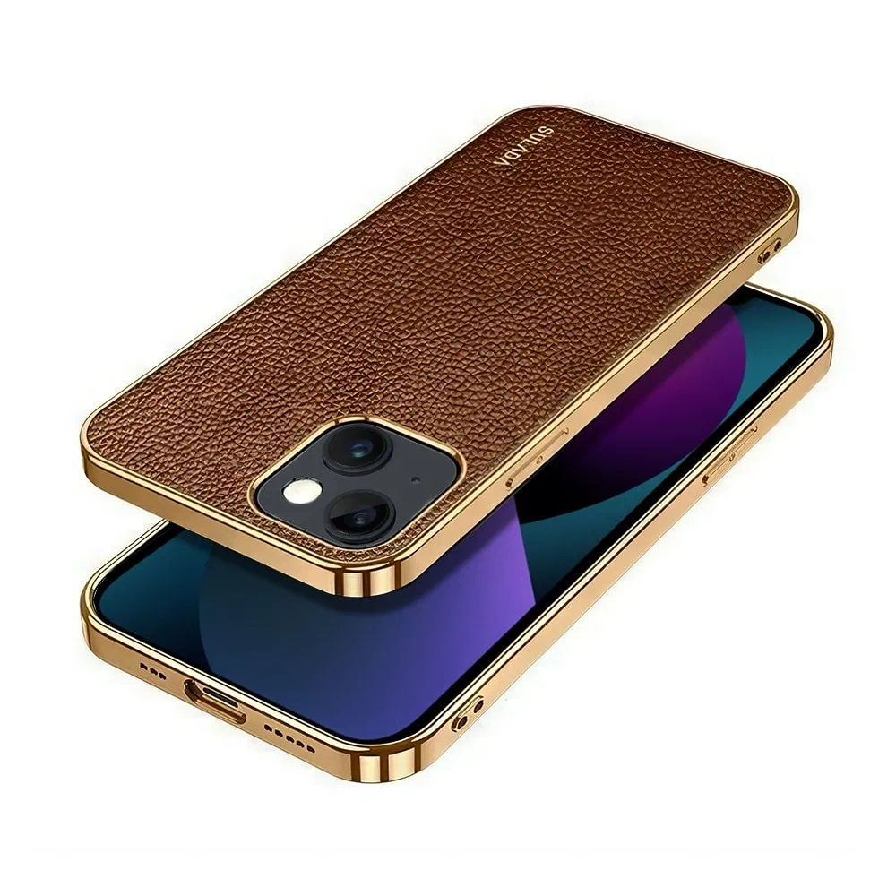 Etui do iPhone 13 eleganckie luksusowe skórzane brązowe ze złotem
