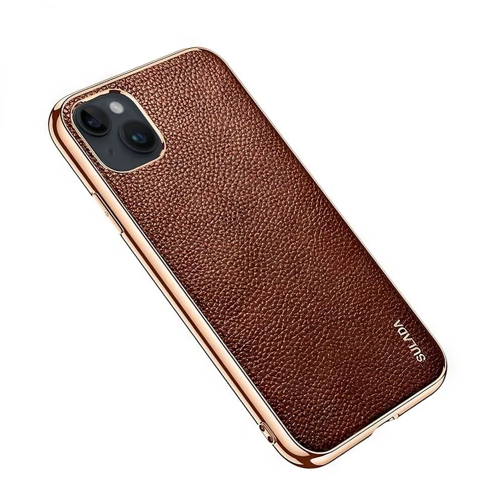 Etui do iPhone 13 eleganckie luksusowe skórzane brązowe ze złotem